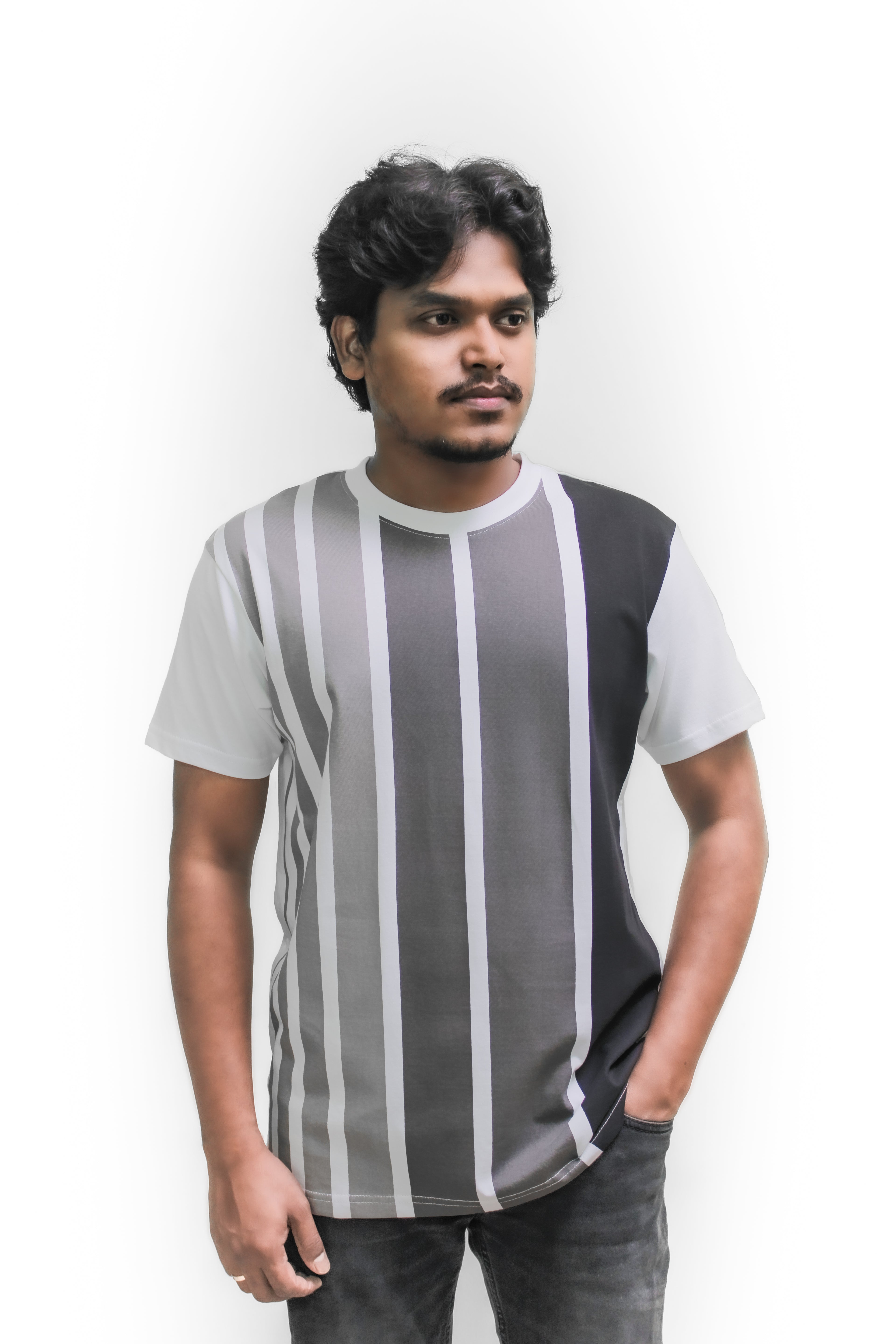 Unisex White Cotton T Shirt White with Grey Stripes