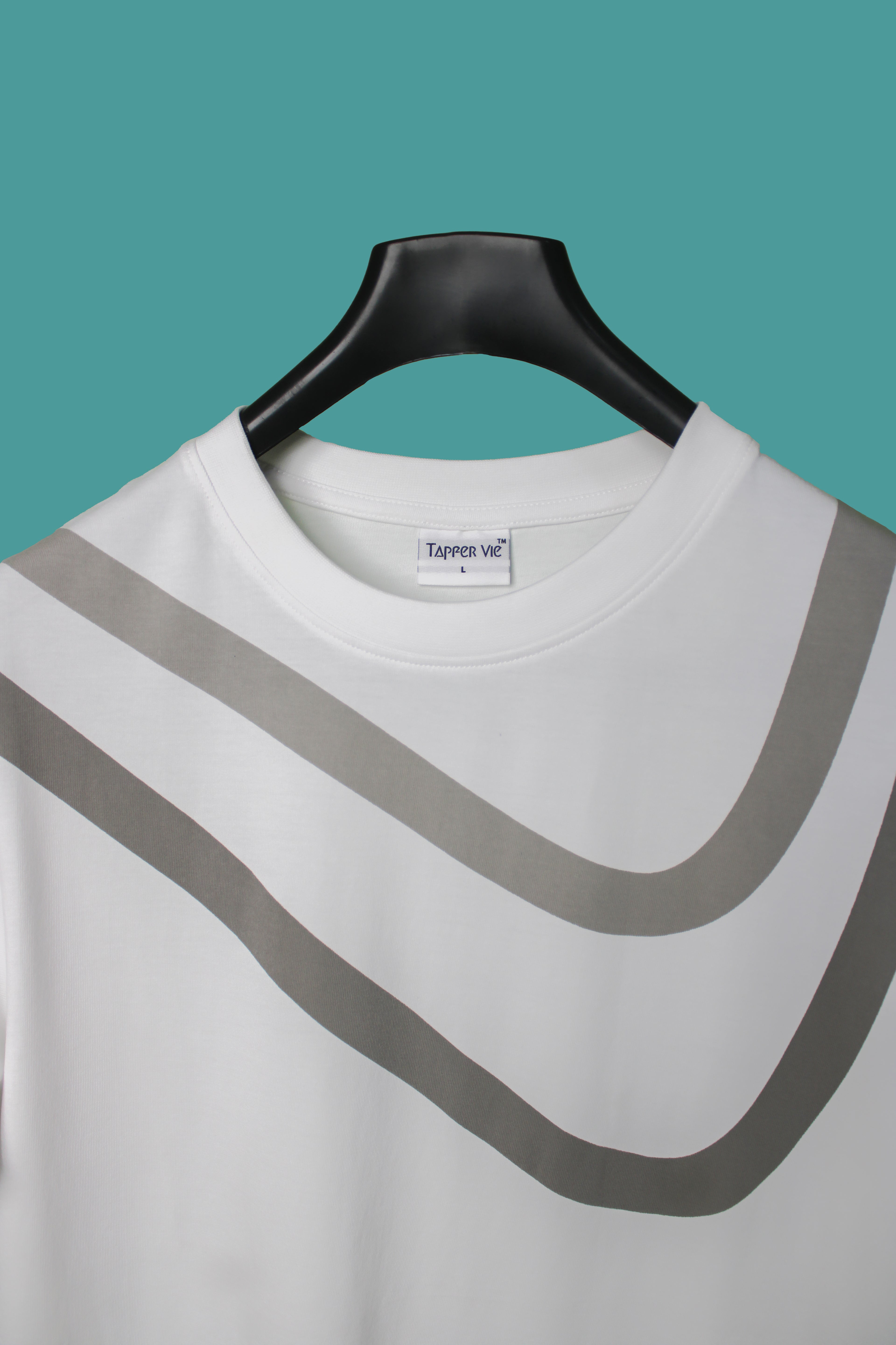 White Unisex Cotton T Shirt with Grey Stripes near Neck