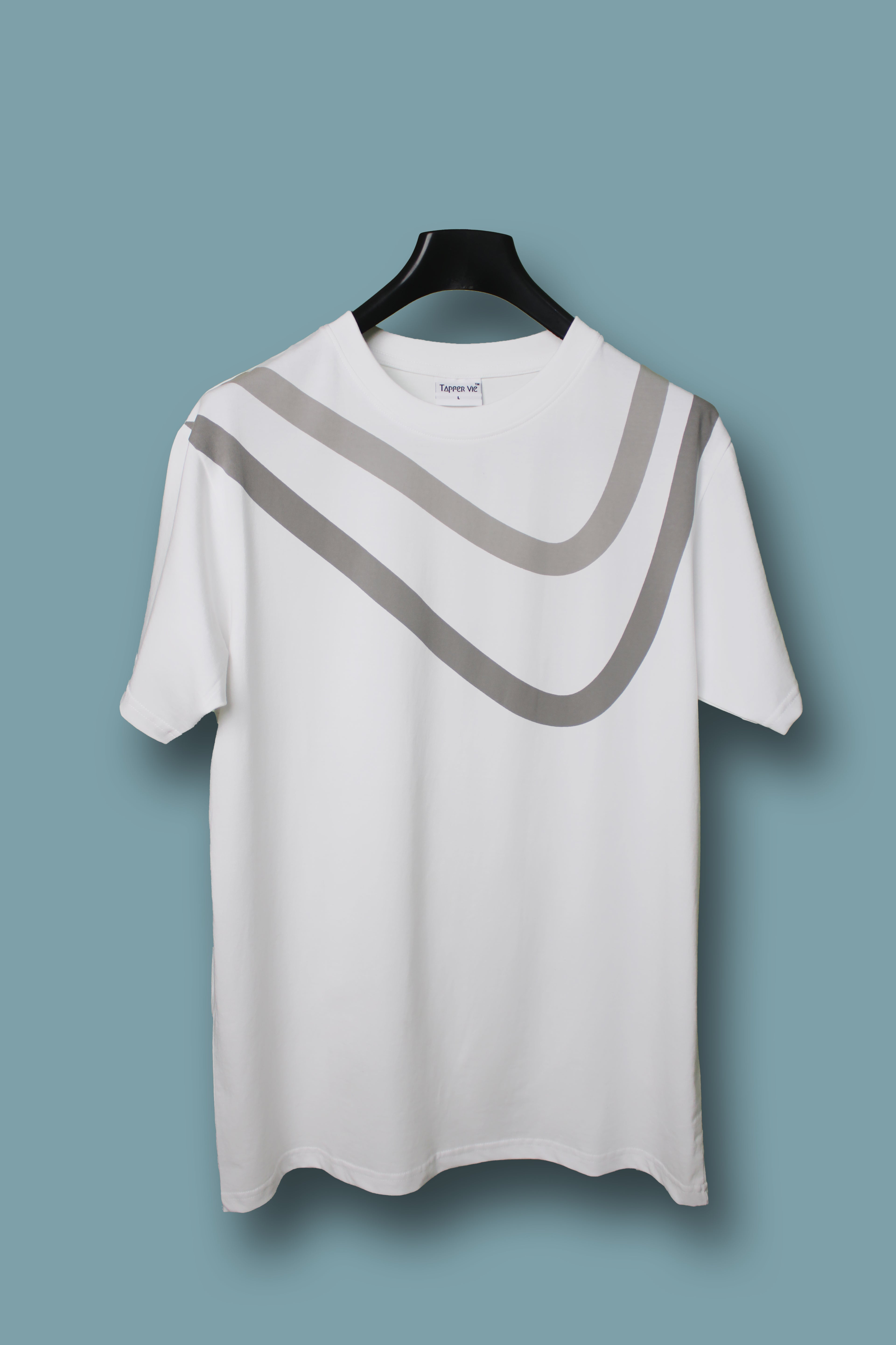 White Unisex Cotton T Shirt with Grey Stripes near Neck